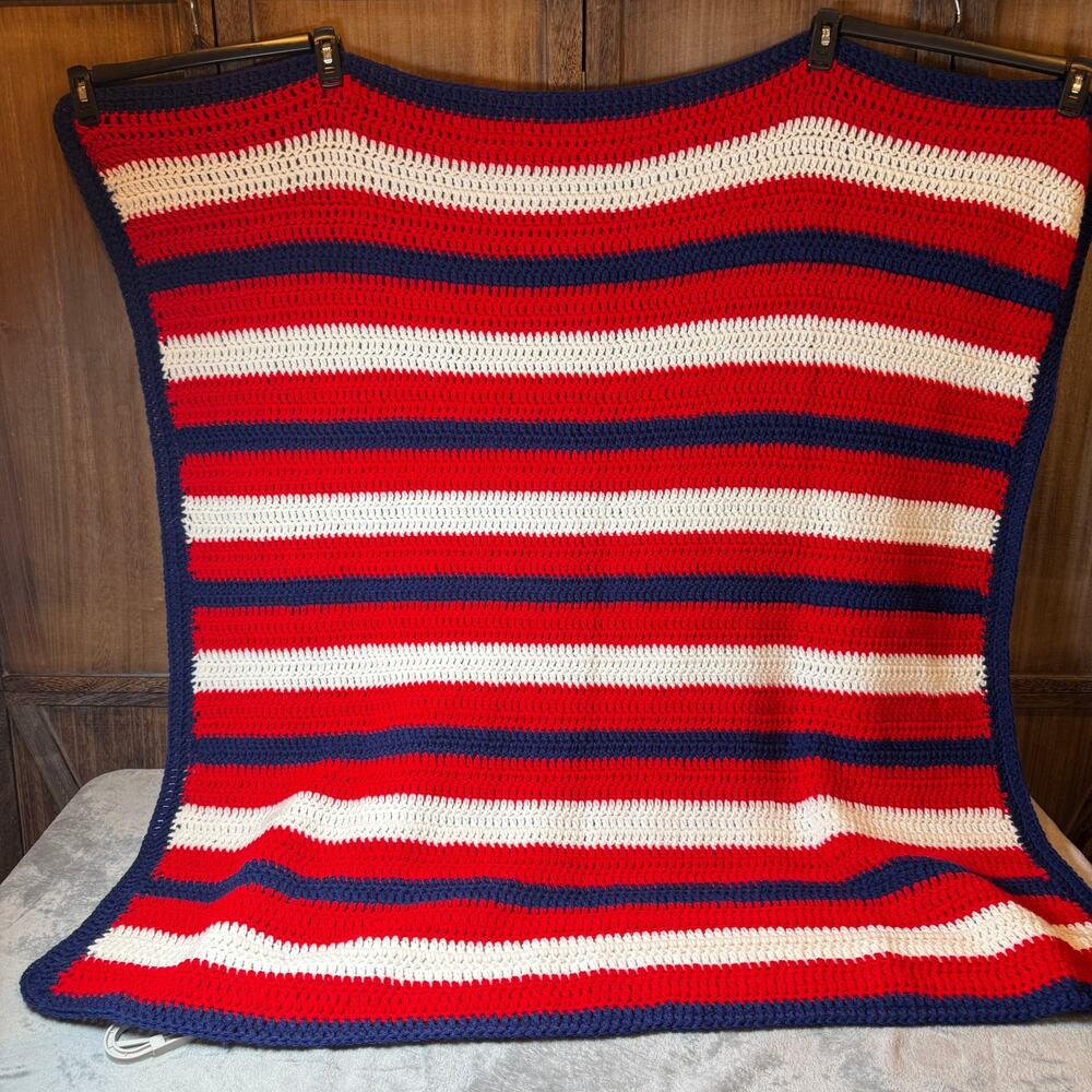 Handmade Crochet Afghan Throw Blanket Red White Blue Patriotic Americana 48 x 48 - Picture 2 of 5